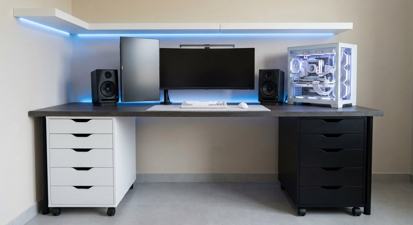 White and black 5-drawer rolling nightstand cabinets with even-sized drawers in modern desk setup with gaming PC
