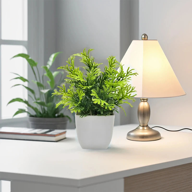 Mini Artificial Potted Plant — Lifelike Faux Greenery in White Pot for Desk & Shelf Decor