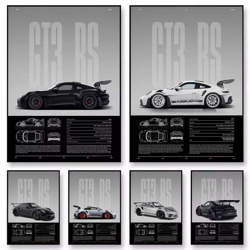 Minimalist Porsche 911 GT3 RS / GT4 RS Poster — Technical Blueprint Wall Art