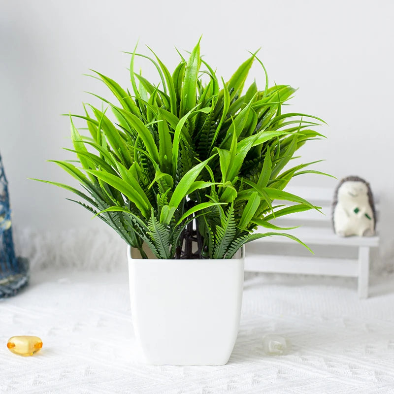 Mini Artificial Potted Plant — Lifelike Faux Greenery in White Pot for Desk & Shelf Decor