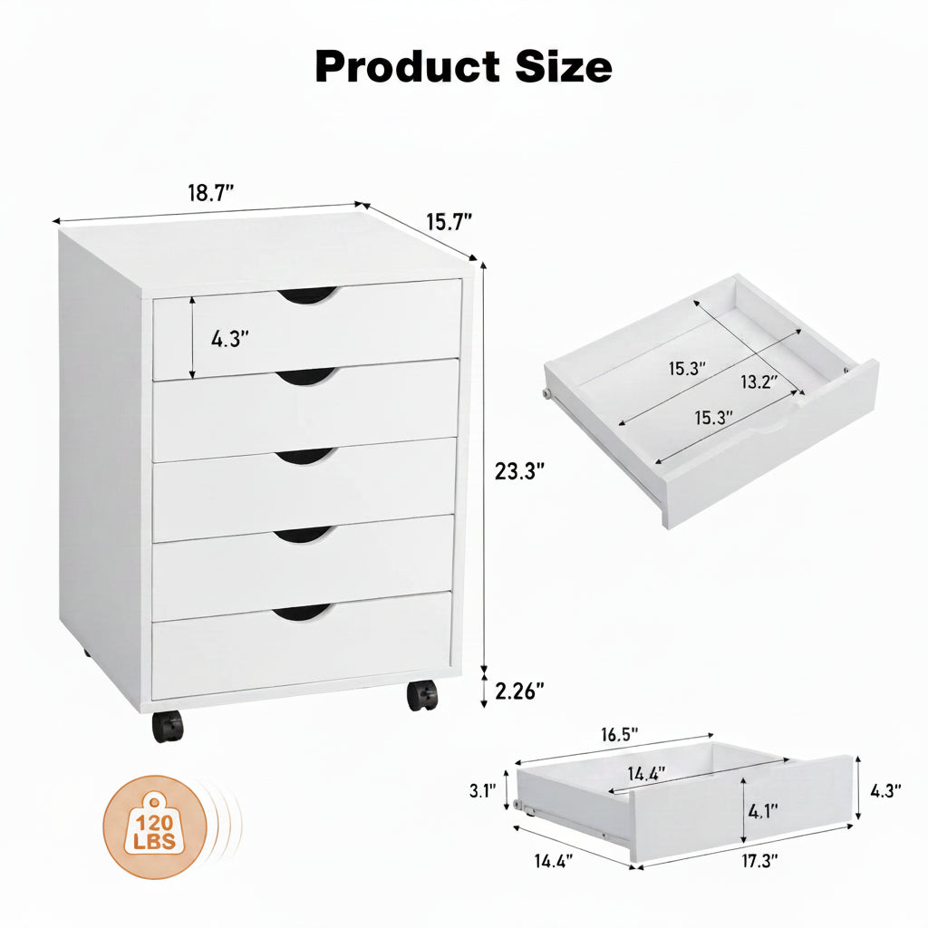 5-Drawer Rolling Storage Cabinet — Mobile Nightstand with Locking Wheels for Office & Bedroom