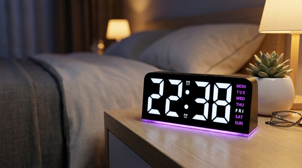 LED Digital Alarm Clock with RGB Atmosphere Light — USB Powered, Dual Alarm, Adjustable Brightness