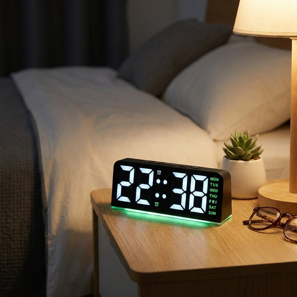 LED Digital Alarm Clock with RGB Atmosphere Light — USB Powered, Dual Alarm, Adjustable Brightness