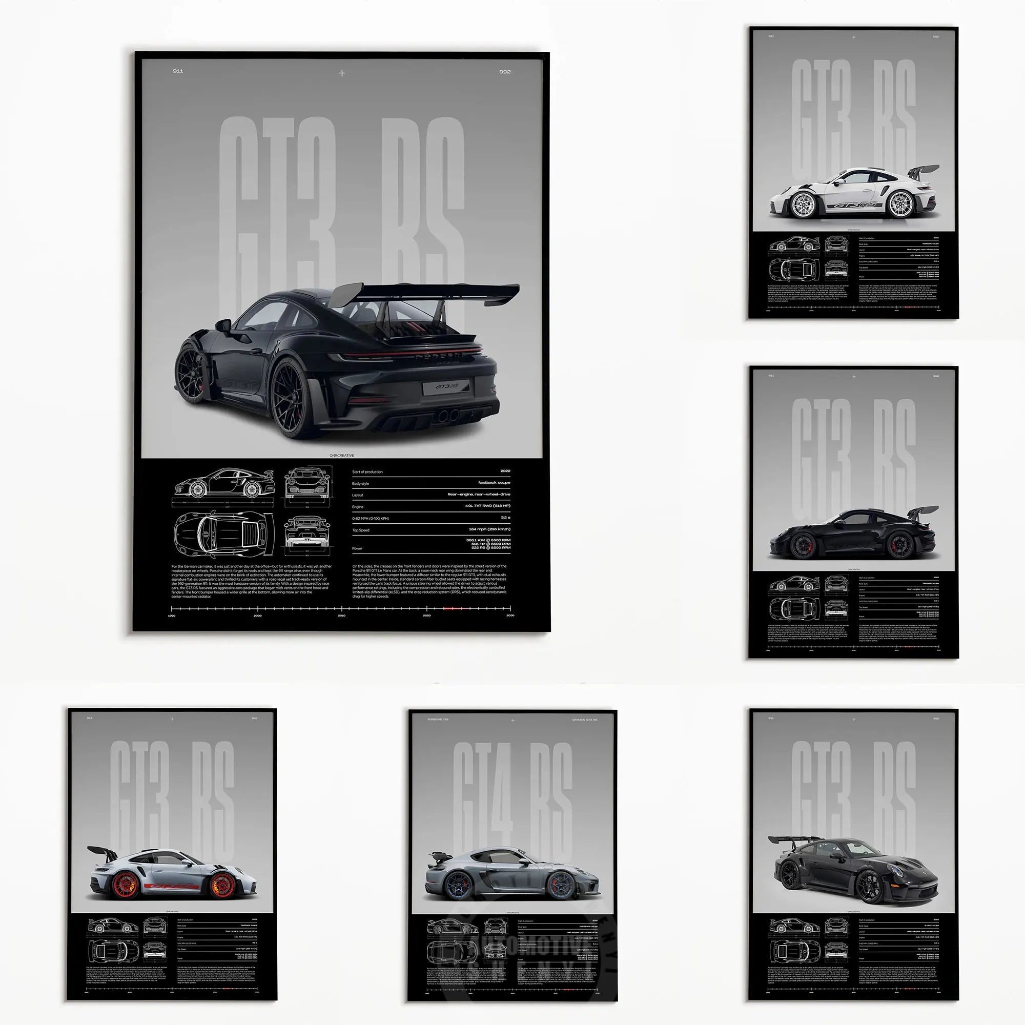 Minimalist Porsche 911 GT3 RS / GT4 RS Poster — Technical Blueprint Wall Art