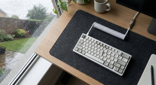 White coiled keyboard cable top-down desk setup
