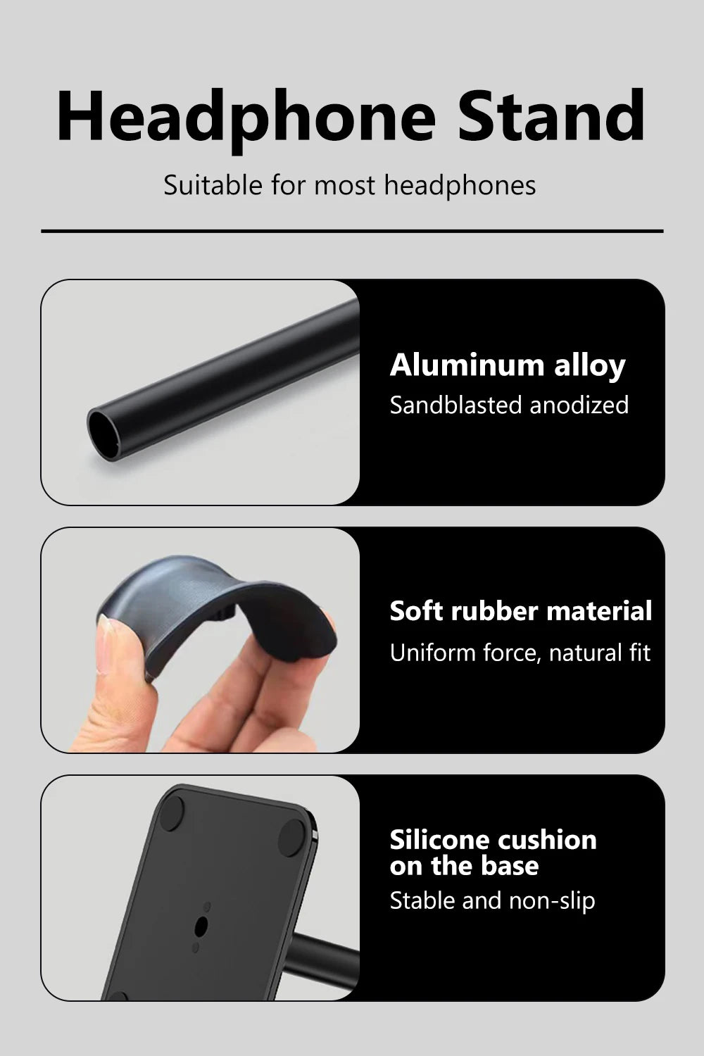 Universal Headphone Stand — Aluminum Alloy Headset Holder for Gaming & Desktop | Anti-Skid Base | Curved Silicone Cradle