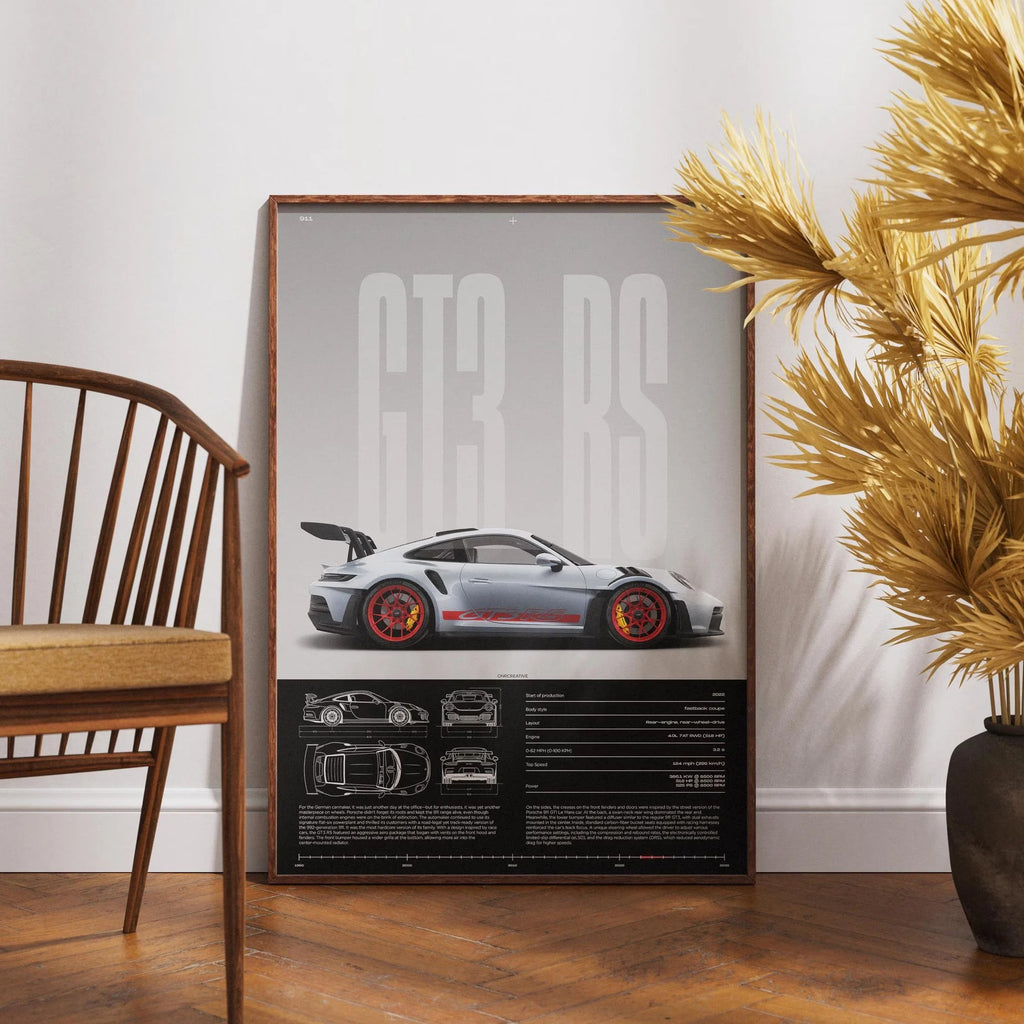 Minimalist Porsche 911 GT3 RS / GT4 RS Poster — Technical Blueprint Wall Art