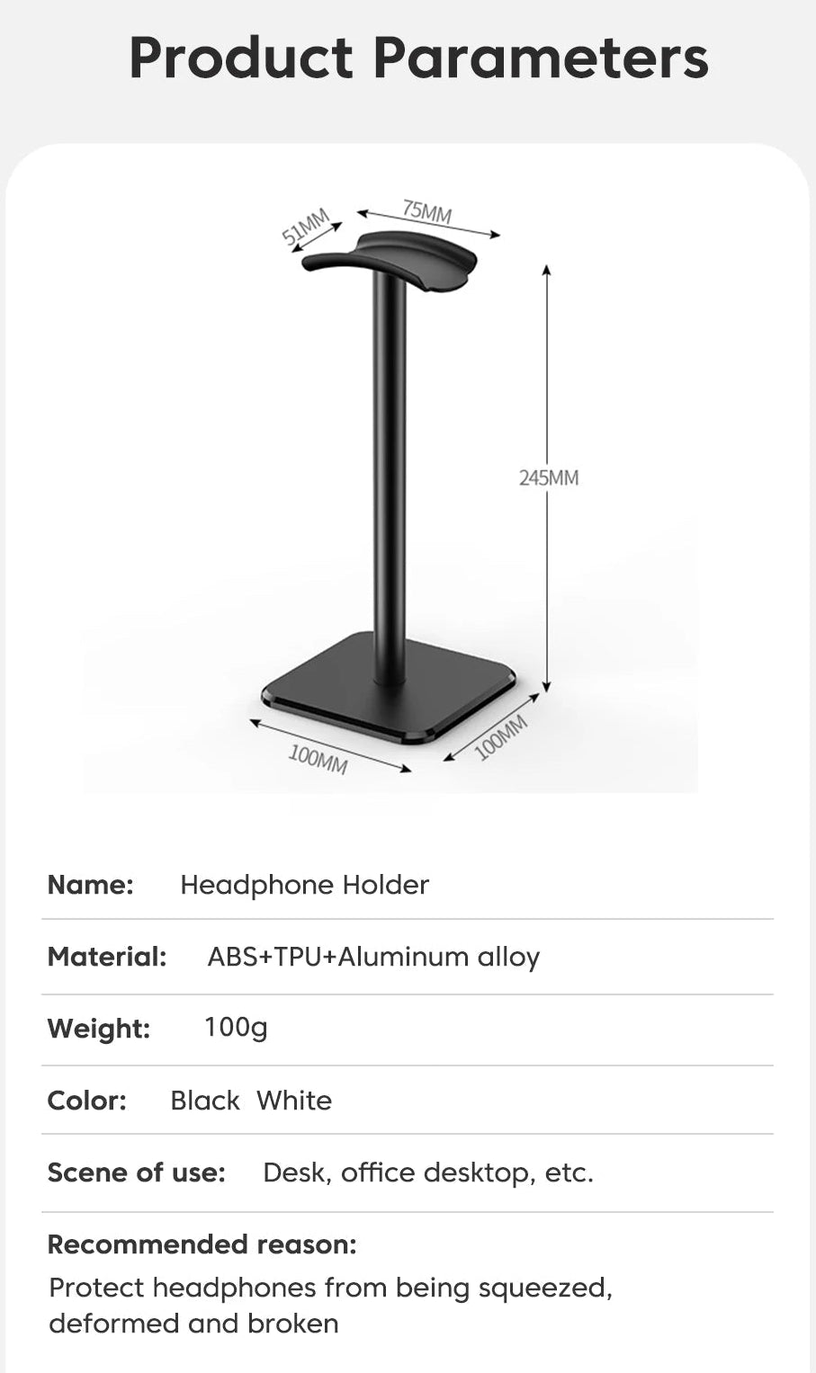 Universal Headphone Stand — Aluminum Alloy Headset Holder for Gaming & Desktop | Anti-Skid Base | Curved Silicone Cradle