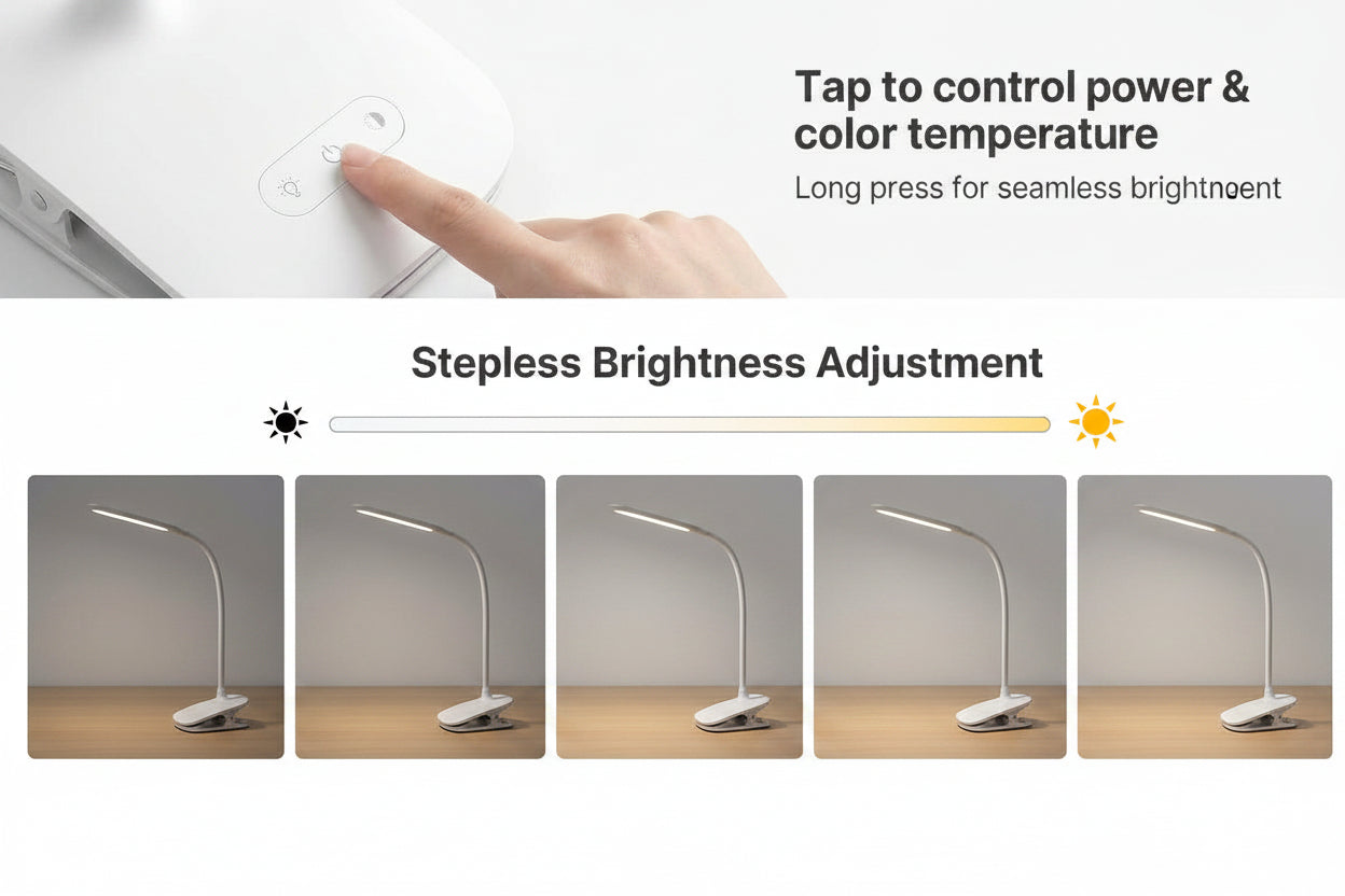 USB Rechargeable Clip-On LED Desk Lamp — 3 Color Temperatures, Stepless Dimming