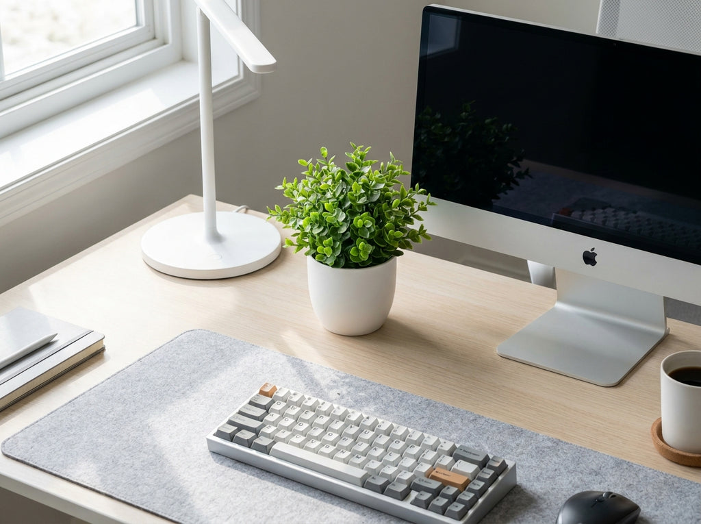 Overhead view of artificial potted plant on desk between lamp and iMac