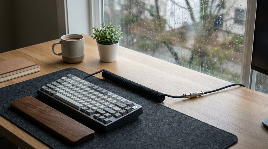 Black coiled keyboard cable top-down desk setup