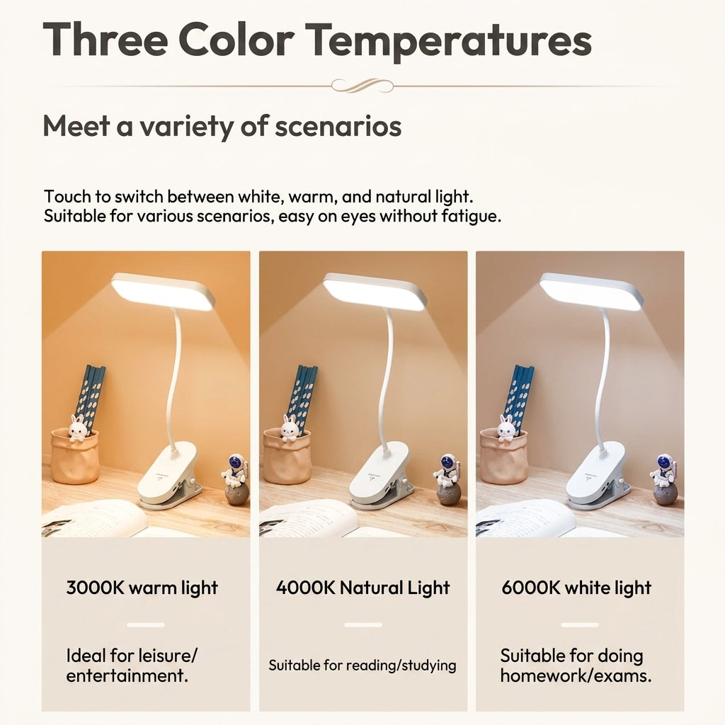 USB Rechargeable Clip-On LED Desk Lamp — 3 Color Temperatures, Stepless Dimming